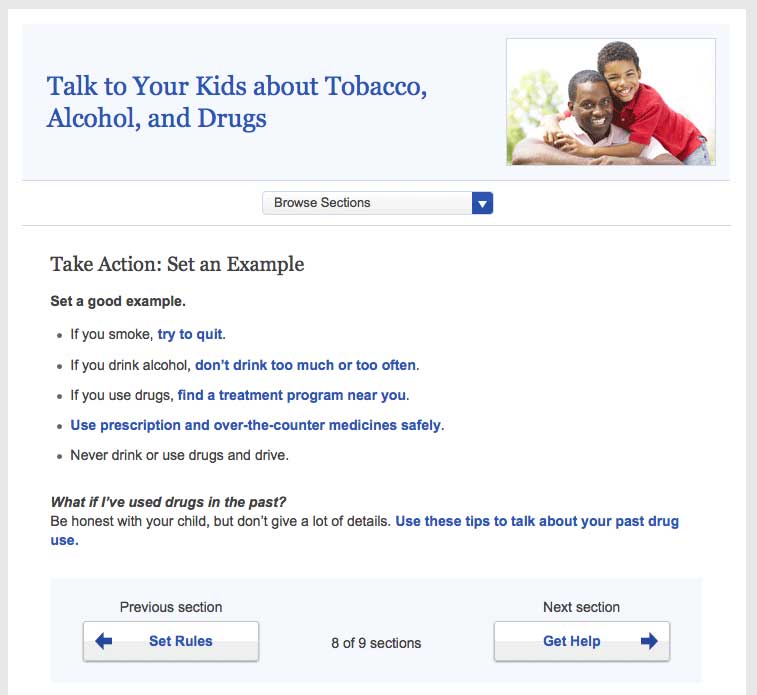 Screenshot of healthfinder.gov 'Talk to your kids about tobacco, alcohol, and drugs' topic