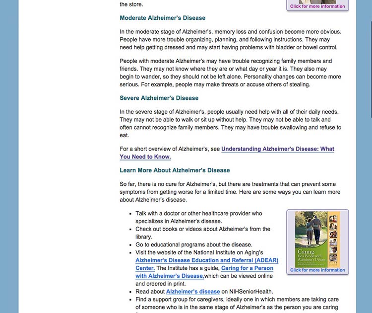 Screenshot of NIH Senior Health Alzheimers care website with one visited hyperlink