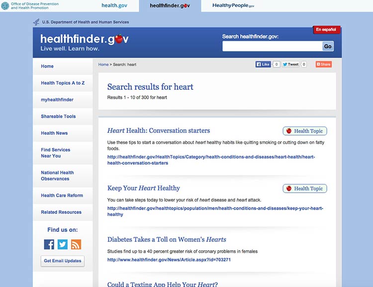 Screenshot of health.gov search results for the keyword 'heart'