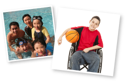Family swimming in a pool, boy in a wheelchair holding a basketball