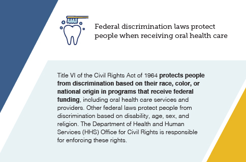 Federal discrimination laws protect people when receiving oral health care.