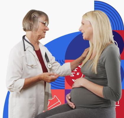 Pregnant woman talking with health care provider.