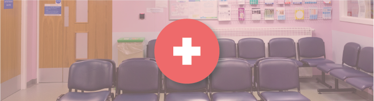 A medical cross icon overlays an empty doctor's waiting room with pink walls and blue chairs.