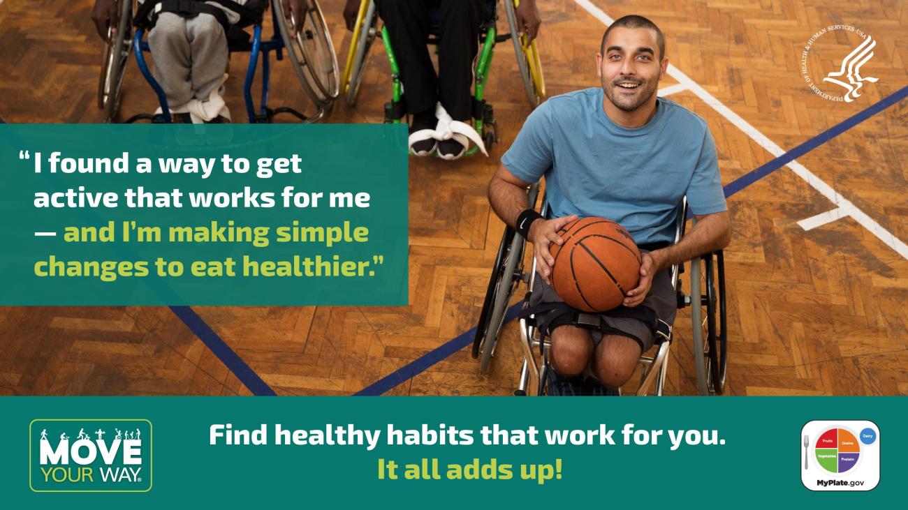 A man in a wheelchair is playing basketball. A quote states, "I found a way to get active that works for me - and I'm making simple changes to eat healthier."
